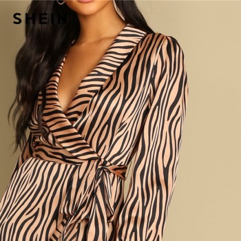  Deep V Neck Shawl Collar Surplice Wrap Flounce Animal Zebra Belted Fit and Flare Mid Waist Dress Women